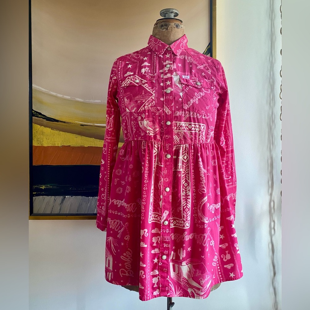 Wrangler Pink Pleated A-Line Dress with Bishop Sleeves
